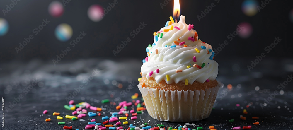 Single Birthday Cupcake with Colorful Sprinkles and Lit Candle. selective focus. space for text