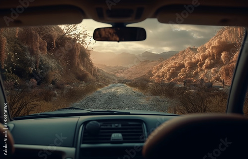 pov car passenger. Front window view mountains on road trip traveling by rental car relax back seat take photo passenger. Lifestyle vacations vibes outdoor moody mountains view. Generative Ai