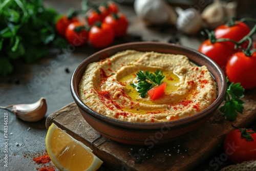 a bowl of hummus with spices and a lemon