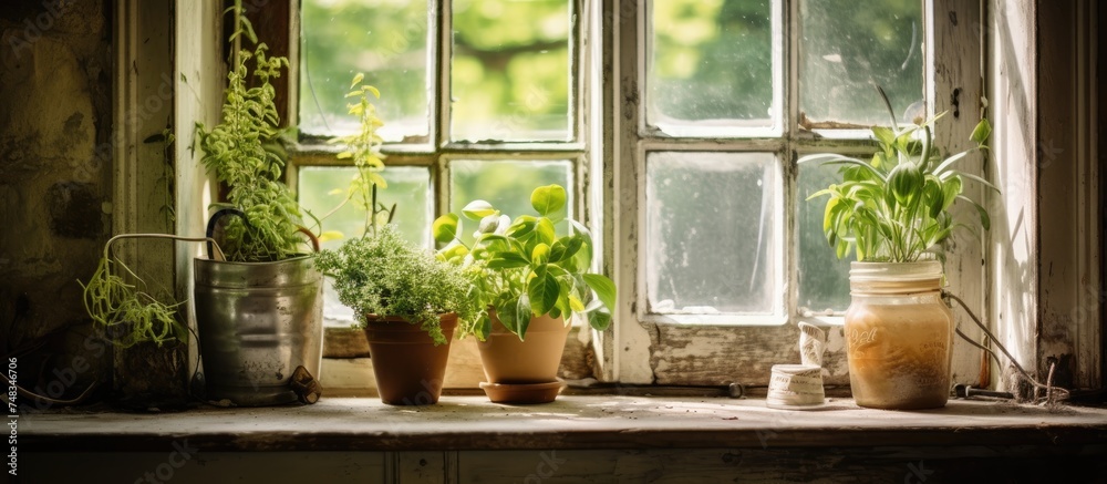 A window sill next to a window is filled with various potted plants, creating a lively and green display in an old traditional setting. The plants are placed haphazardly, adding charm to the scene.