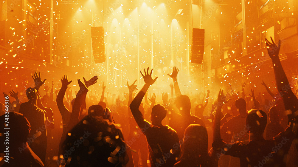 Euphoric Crowd Dancing at a Concert With Confetti