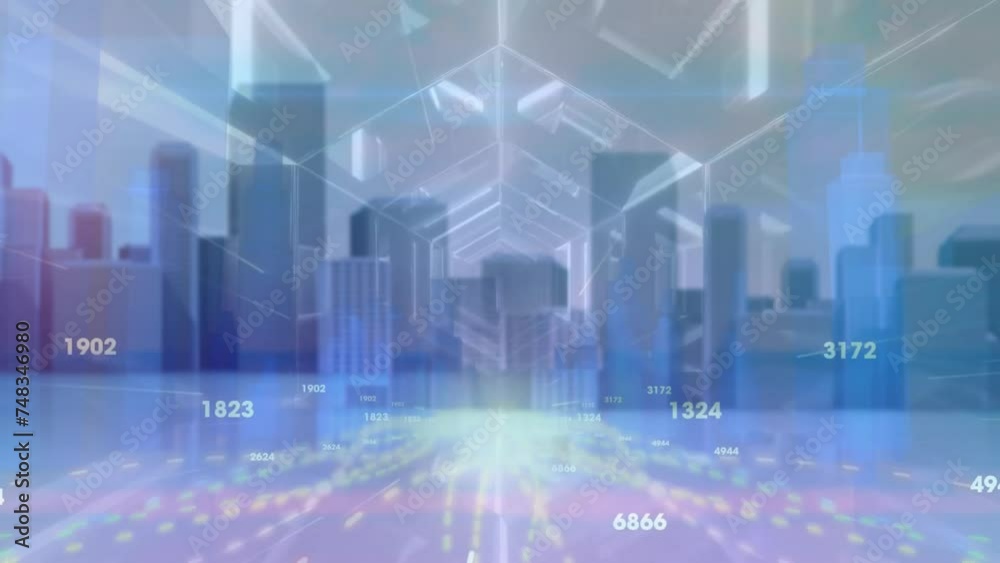 Animation of data processing and digital tunnel over digital cityscape