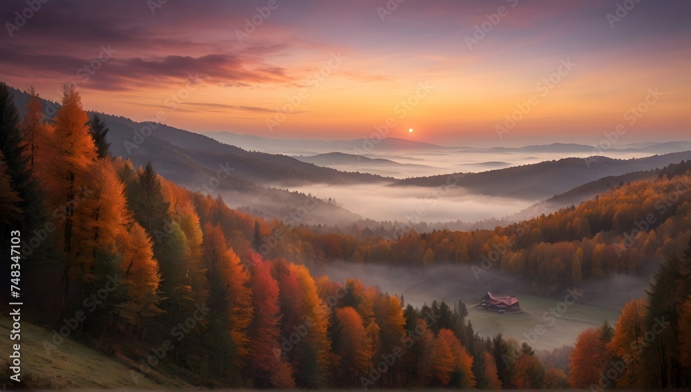 As the sun rises over the misty Carpathian landscape, the forested mountain slope is bathed in a stunning array of colors - from deep purples to vibrant oranges and pinks. The fog adds an ethereal qua