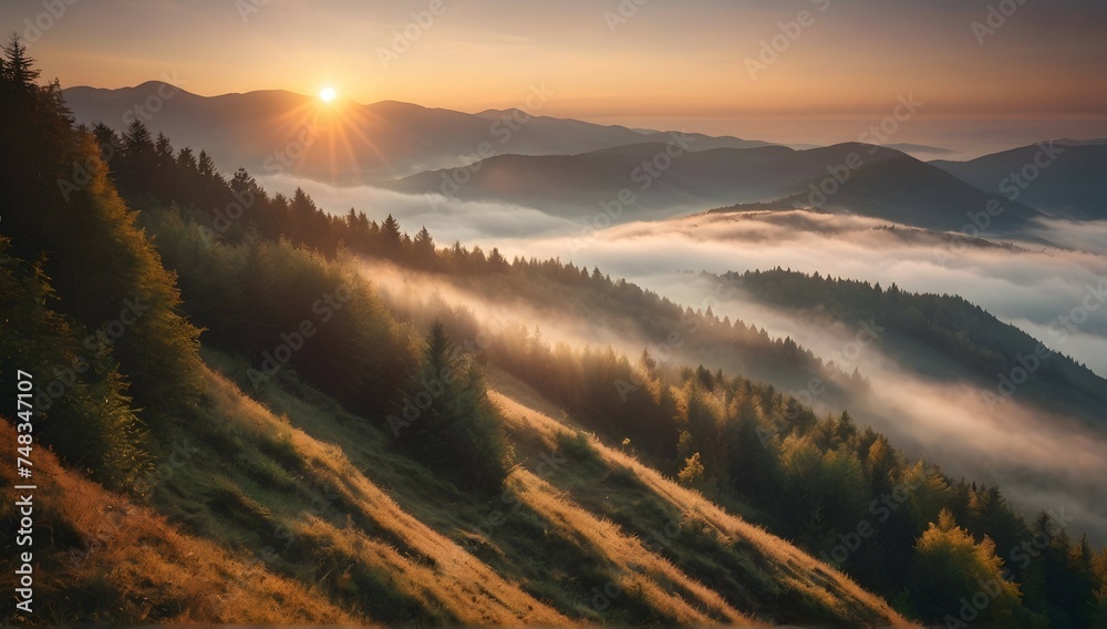 colored sunrise in forested mountain slope with fog. misty carpathian landscape