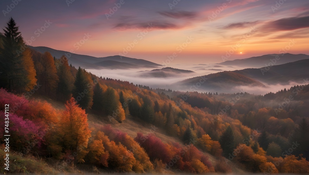 As the sun rises over the misty Carpathian landscape, the forested mountain slope is bathed in a stunning array of colors - from deep purples to vibrant oranges and pinks. The fog adds an ethereal qua