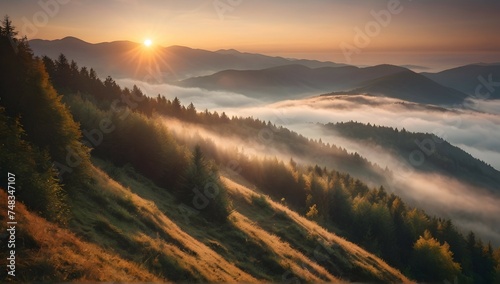 colored sunrise in forested mountain slope with fog. misty carpathian landscape © Zulfi_Art