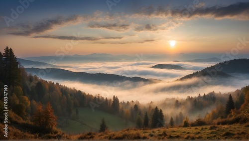 The misty Carpathian landscape is a canvas for the sunrise, with the forested mountain slope serving as the perfect backdrop. As the sun rises, the fog and mist create a mystical atmosphere. © Zulfi_Art