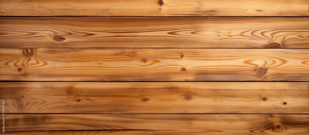 Naklejka premium A detailed view of a pine wood decorative wall, showcasing the natural grains, knots, and texture of the wood. The warm tones and intricate patterns create a visually interesting backdrop.