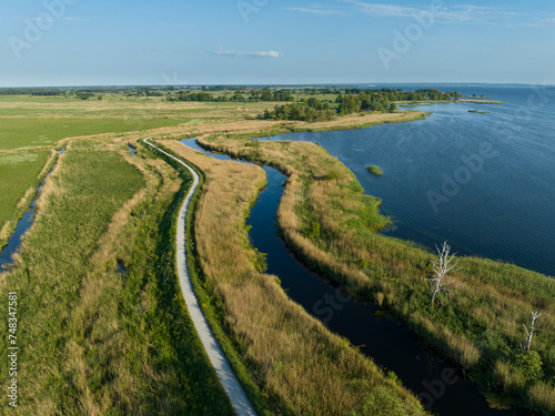 Aerial view at Zalew Szczeciński. Shore od Dąbie Lake, Lubczyna, Poland.