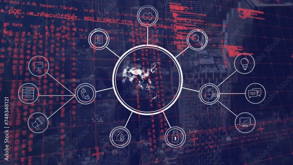Animation of network of connections with globe and icons over data processing and cityscape