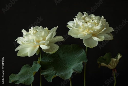 White lotuses or water lilies on a black background