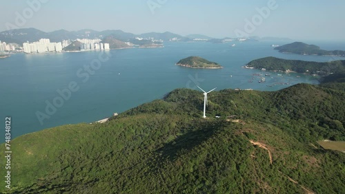 Hong Kong Lamma island Pichic Bay Yung Shue Wan Wind Power Station converts wind energy into electricity,a renewable energy power generation facility , an environmentally friendly renewable energy photo