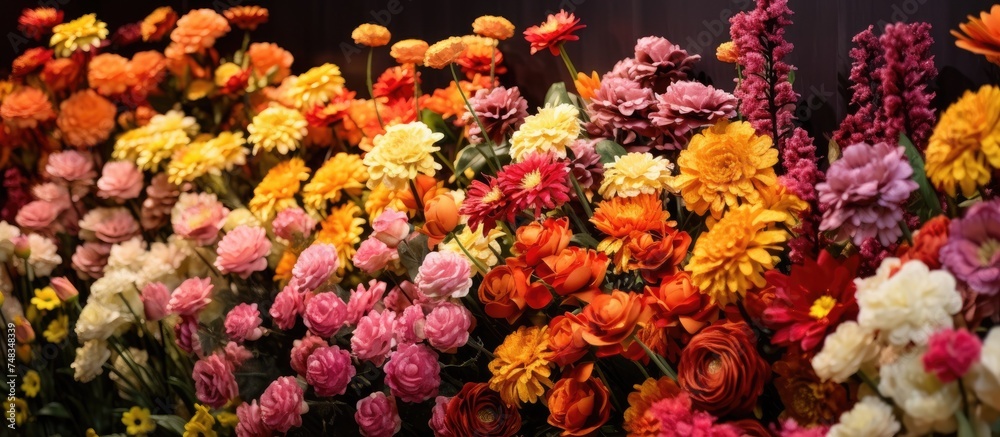 A group of artificial flowers tightly clustered in a bundle, showcasing a variety of colors and shapes. These beautiful blooms are neatly arranged, creating a vibrant and lively display. A group of artificial flowers tightly clustered in a bundle, showcasing a variety of colors and shapes. These beautiful blooms are neatly arranged, creating a vibrant and lively display.