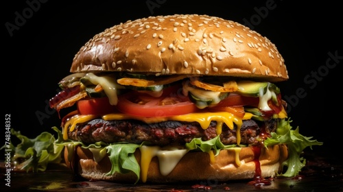 Delicious burger with fresh vegetables and cheese layers between a sesame seed bun and patty