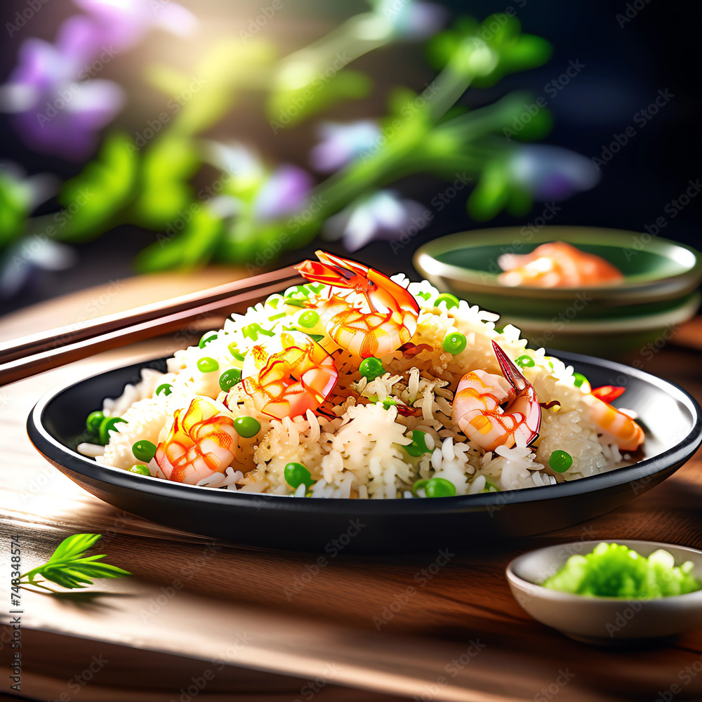 Plate of fried rice embellished eith shrimp positioned center on e rusted table Plate of fried rice embellished eith shrimp positioned center on e rusted table