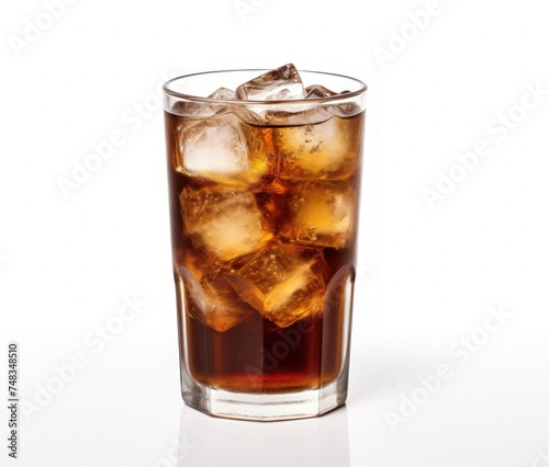 a glass of ice tea with brown liquid