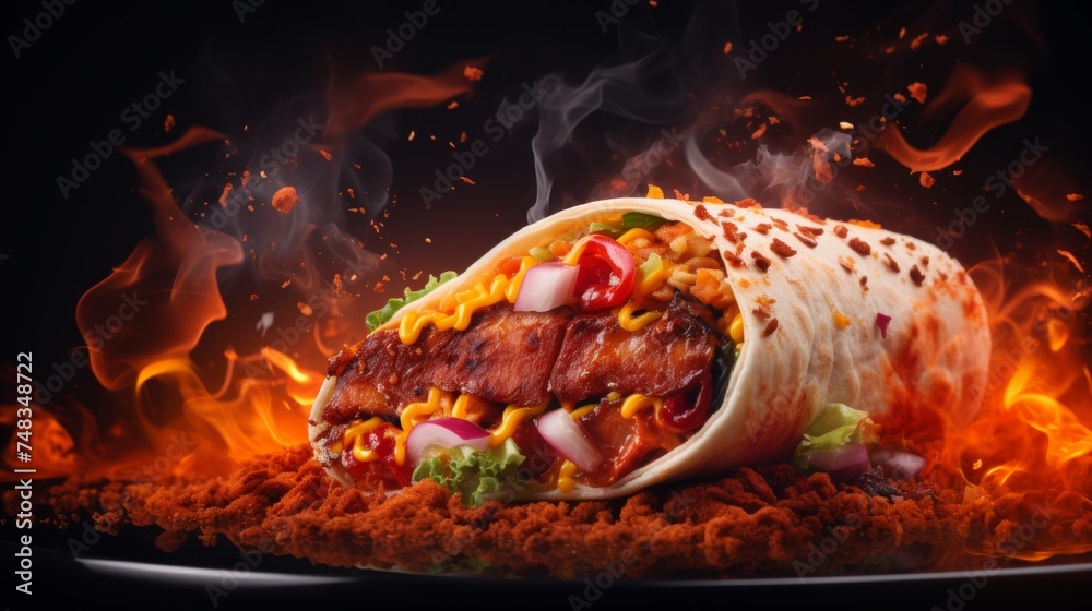 Fresh grilled shawarma doner sandwich with flying ingredients and spices - ready to serve and eat Fresh grilled shawarma doner sandwich with flying ingredients and spices - ready to serve and eat
