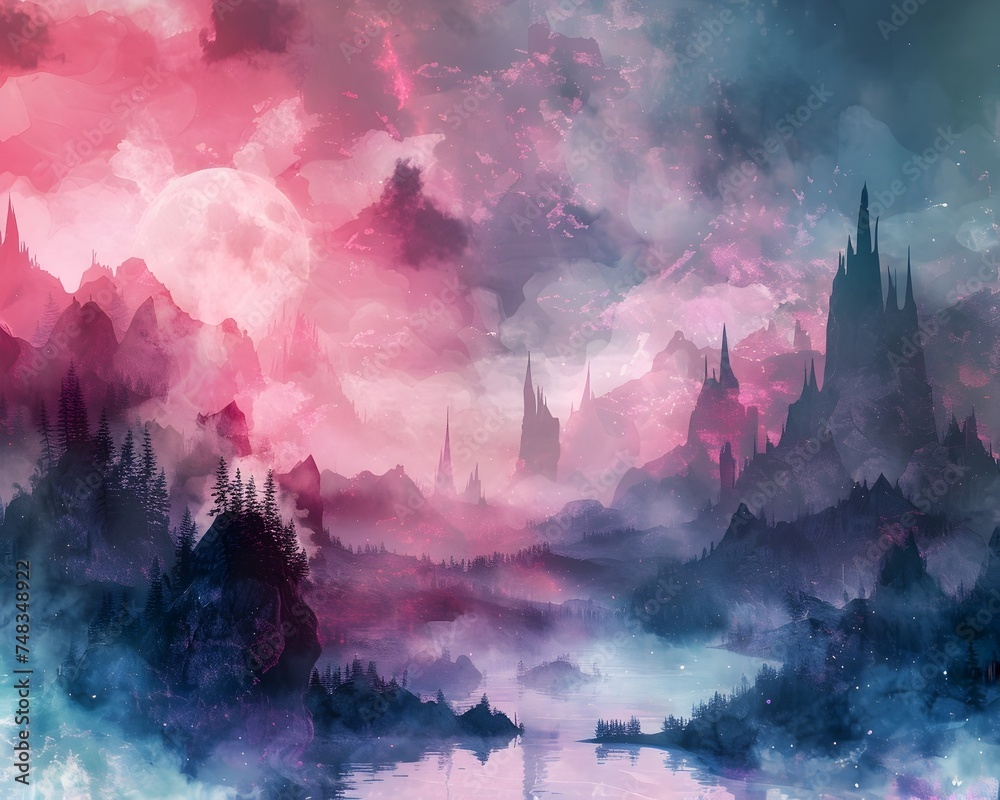 Fantasy Watercolor Wallpaper with Magenta and Cyan Alien Landscape