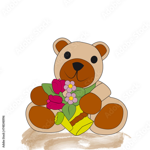 Osito beige y marrón sentado con regadera y flores.