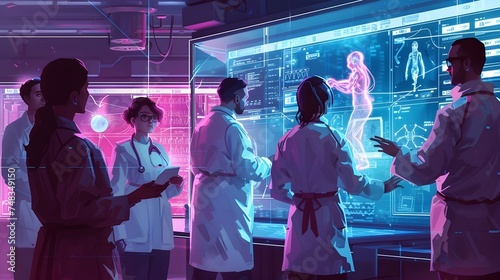 Medical Professionals Using a Holographic Display for Interactive Training in a Futuristic Style photo