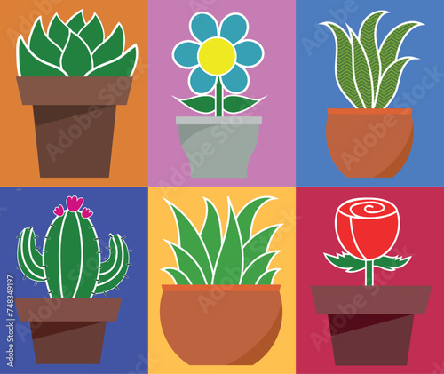 ilustracion vectorial de set de plantas con macetas minimalistas de colores photo