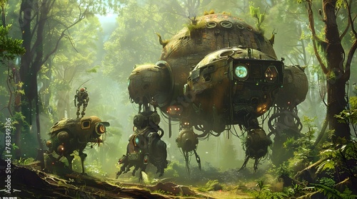 Steampunk Robots Walking in a Wooded Area