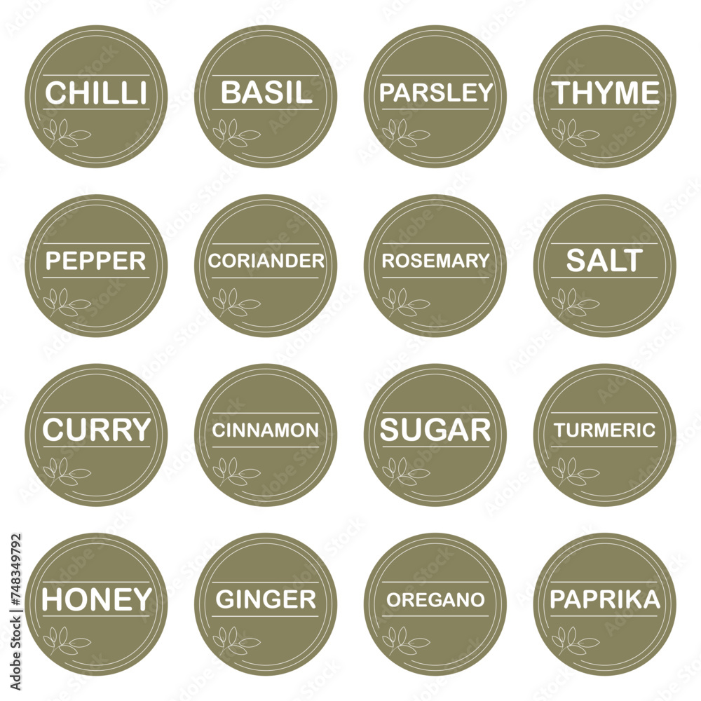 Stickers or labels for jars of spices and herbs.Set of 16 vector stickers with names of spices in English.Pepper,paprika,basil,oregano,salt,sugar etc.
