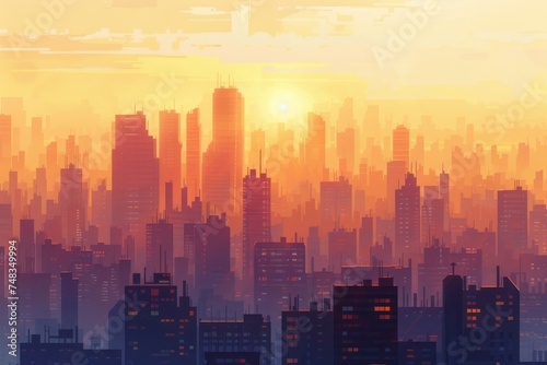 City Downtown Sunrise  Sunny Skylines in Morning  Sunset Buildings Silhouettes  Warm Color