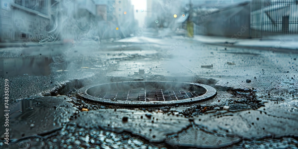Sewer Manhole Steam Escaping on City Street, Heat Loss Concept, Urban Infrastructure, Ventilation System - obrazy, fototapety, plakaty 