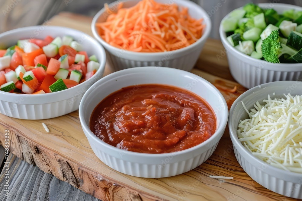 Pizza Sauce Bowls Set, Diced Veggies, Shredded Cheese on a Wooden Board, Homemade Sauces