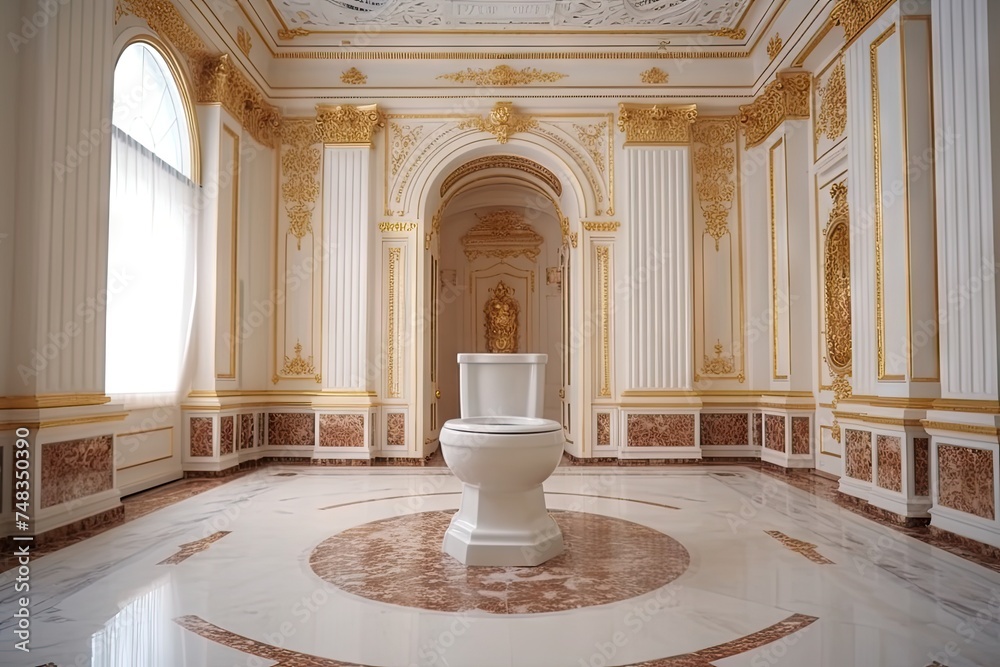 Obraz premium Luxury Royal Toilet Bowl in Palace Hall Center, Gilded Baroque Toilet, Vip Toilet for Vip Persons