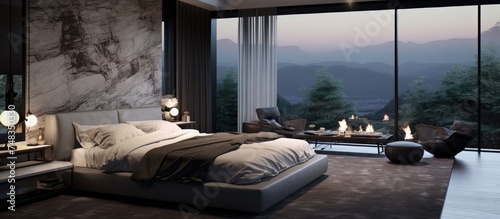 A modern bedroom featuring a spacious bed and a fireplace, creating a cozy and inviting atmosphere. The room is elegantly furnished, with a harmonious balance of comfort and style. © Lasvu