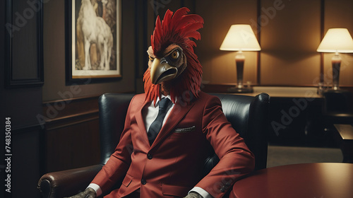 Portrait of a surreal rooster in a business style jacket. Anthropomorphism