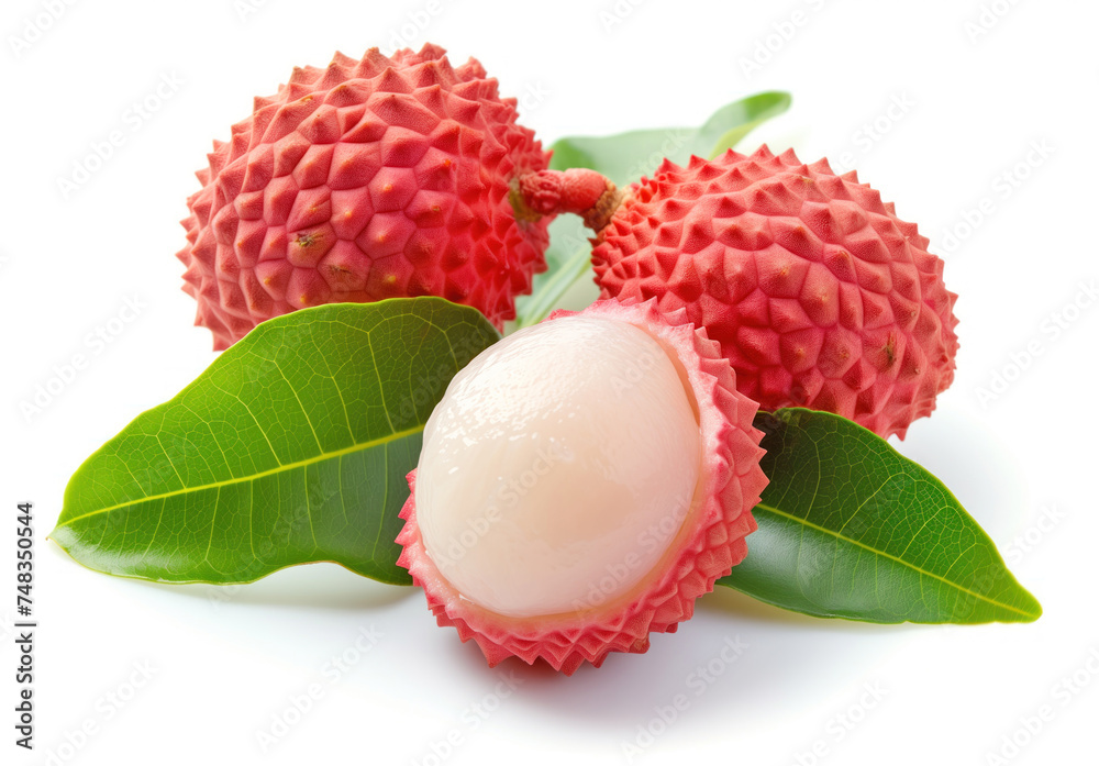 A close-up image showcasing a group of fresh, ripe lychee fruits, with one peeled revealing the juicy white flesh, isolated on a white background A close-up image showcasing a group of fresh, ripe lychee fruits, with one peeled revealing the juicy white flesh, isolated on a white background