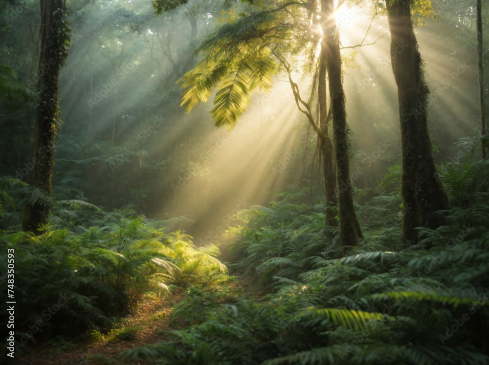 The sun's rays illuminate the leaves and trees of the dense forest