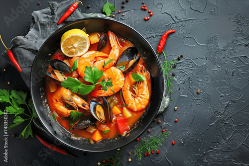 A vibrant dish of Bouillabaisse seafood including shrimp and mussels, garnished with fresh herbs, lemon, and spices, served in a black pan.