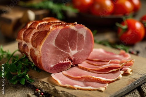 a sliced ham on a cutting board