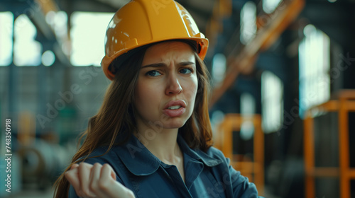  Female manager scolding employee in modern industry factory. Worker making mistake. Production manger is angry, dissatisfied for worker's poor quality work, safety viaolations © Guru