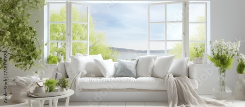 A spacious living room featuring a variety of furniture pieces such as a sofa, coffee table, and armchair. The room is brightly lit by a large window showcasing a serene summer landscape.