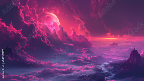 landscape with fantasy planet and clouds, pink, red, Twilight Serenade: A Dance of Clouds and Moonlight