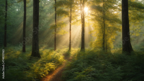 The sun's rays illuminate the leaves and trees of the dense forest © Владлена Демидова