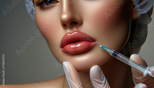 A close-up view of a cosmetic treatment woman injected a lip filler. Beauty and aesthetic medicine concept. National Beautician Day. photo