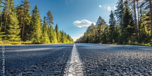 An empty asphalt road with trees and sky