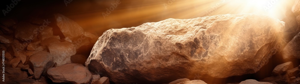 a large rock with sunlight shining through it