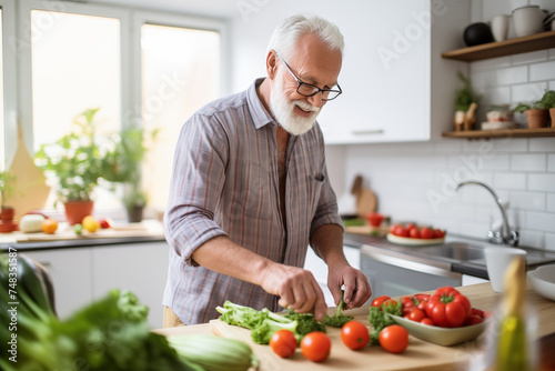 Handsome mature man husband father cooking vegetable salad in the kitchen at home, preparing vegetarian food meal cutting bell pepper on cutting board. Homemade meal