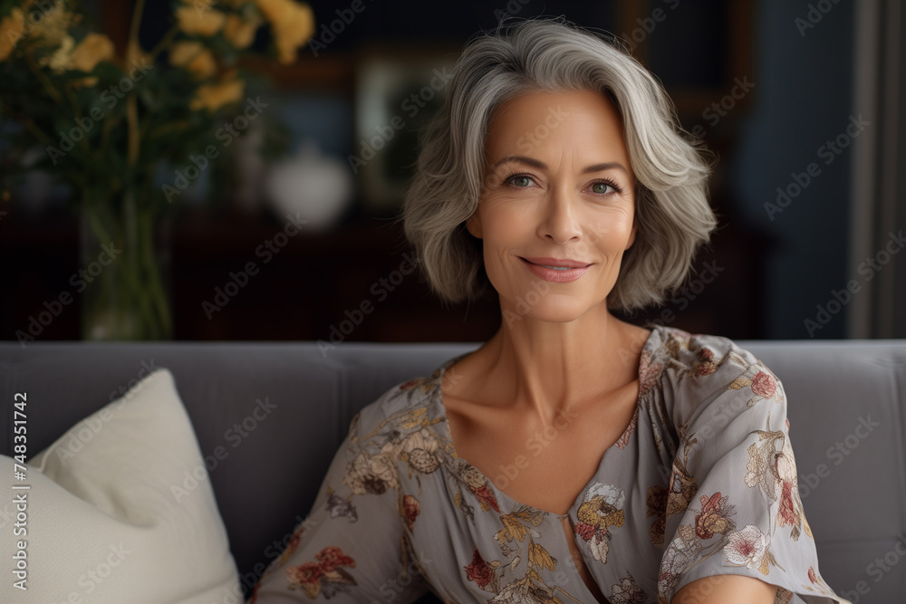 Beautiful middle aged spanish woman sitting on sofa at home, single mature senior in living room Beautiful middle aged spanish woman sitting on sofa at home, single mature senior in living room