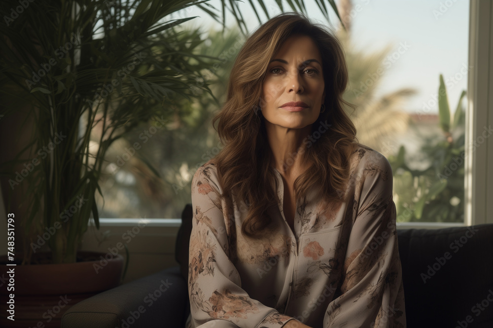 Beautiful middle aged spanish woman, long hair, sitting on sofa at home, single mature senior in living room, park with palm trees outside the window Beautiful middle aged spanish woman, long hair, sitting on sofa at home, single mature senior in living room, park with palm trees outside the window