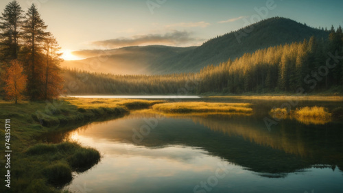Dense forest around a clear lake, Sunset landscape