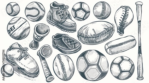 doodles, vector, line, freehand ink of sports items, line variations photo