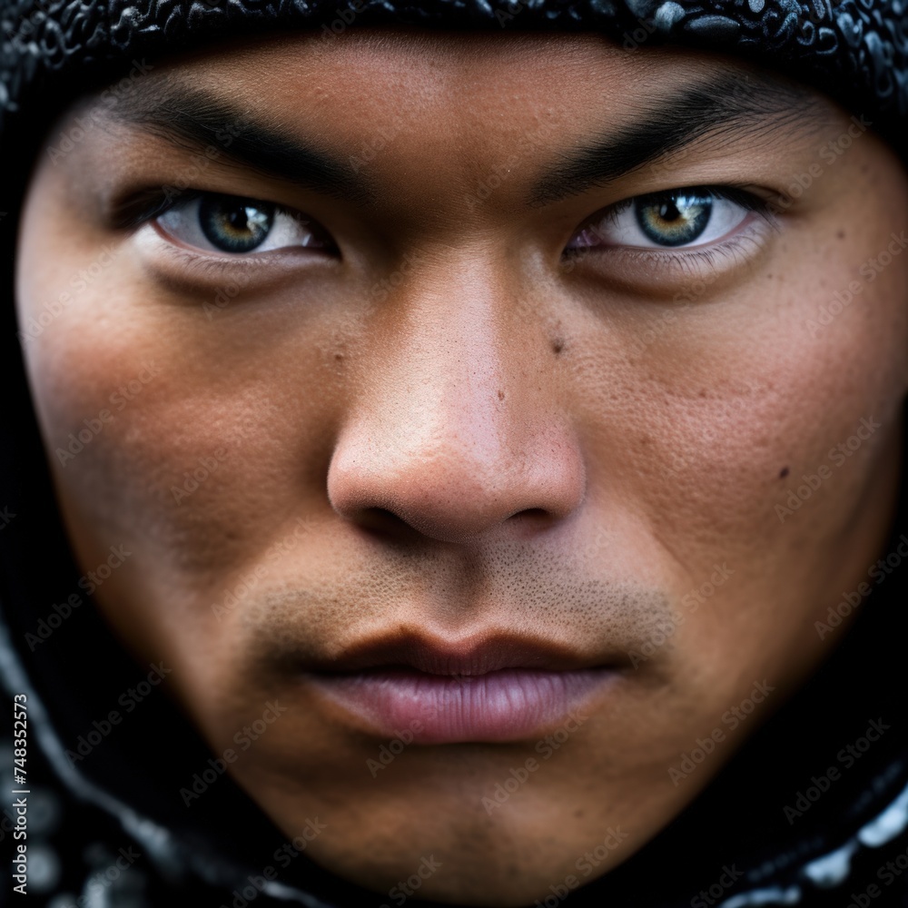 a man with green eyes wearing a black hood a man with green eyes wearing a black hood